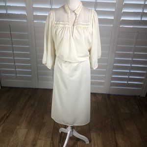 Vtg 70s Cream Ivory Blouson Dress L  Blouson Romantic Victorian Lace Sheer Neck